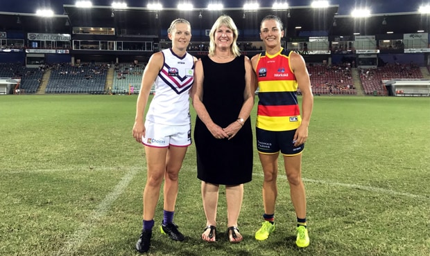 Foleycointoss_620.jpg Crows acting-captain Ange Foley tosses the coin pre-game with Fremantle vice-captain Amy Lavell and Eva Lawler MLA: Member for Drysdale